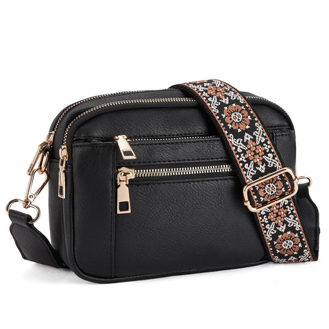 Chevron Quilted PU Leather Crossbody Bag Adjustable Strap Double Zip Black