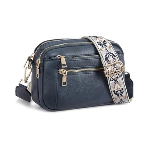 Chevron Quilted PU Leather Crossbody Bag Adjustable Strap Double Zip Blue
