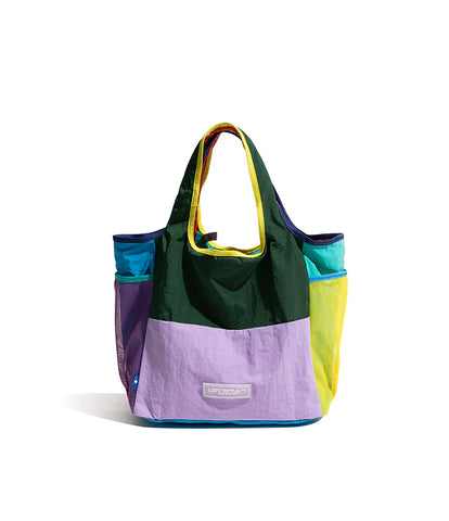 Colourblock Foldable Tote Shoulder Shopping Bag Lightweight Reusable Purple