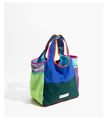 Colourblock Foldable Tote Shoulder Shopping Bag Lightweight Reusable Green