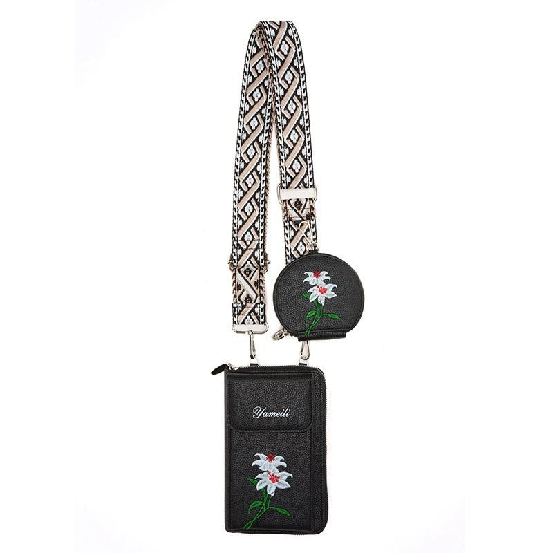 Floral Embroidered Faux PU Leather Crossbody Phone Bag Coin Purse Black
