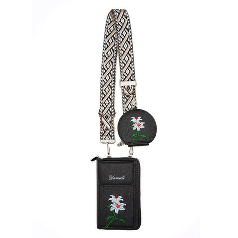 Floral Embroidered Faux PU Leather Crossbody Phone Bag Coin Purse Black