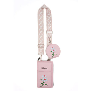 Floral Embroidered Faux PU Leather Crossbody Phone Bag Coin Purse Pink