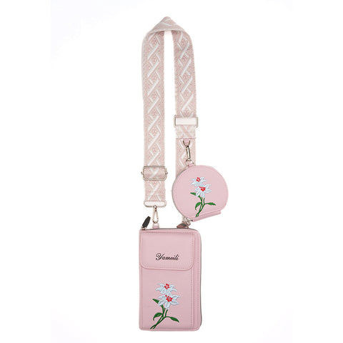 Floral Embroidered Faux PU Leather Crossbody Phone Bag Coin Purse Pink