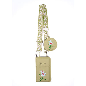 Floral Embroidered Faux PU Leather Crossbody Phone Bag Coin Purse Green