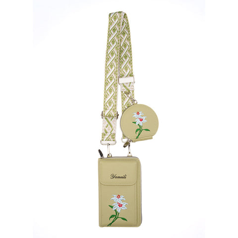 Floral Embroidered Faux PU Leather Crossbody Phone Bag Coin Purse Green