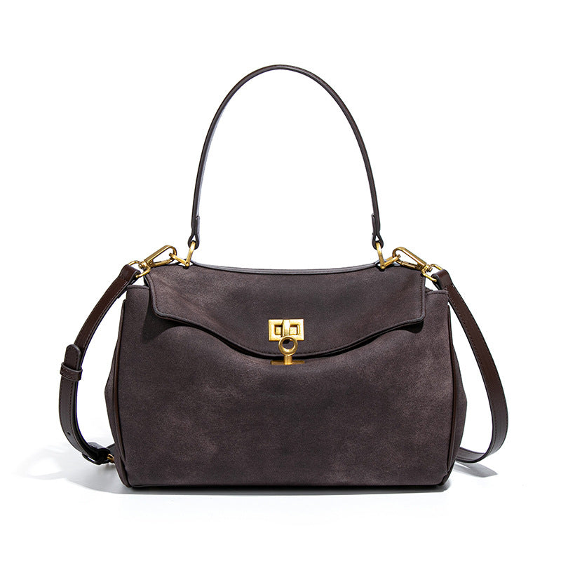 Faux Suede Satchel Shoulder Crossbody Top Handle Bag Gold Accent Coffee