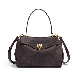 Faux Suede Satchel Shoulder Crossbody Top Handle Bag Gold Accent Coffee
