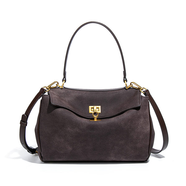 Faux Suede Satchel Shoulder Crossbody Top Handle Bag Gold Accent Coffee
