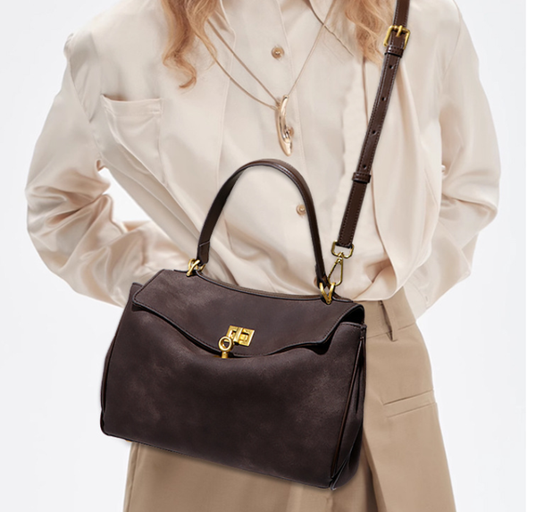Faux Suede Satchel Shoulder Crossbody Top Handle Bag Gold Accent Coffee