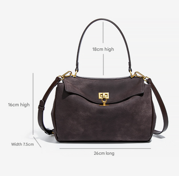 Faux Suede Satchel Shoulder Crossbody Top Handle Bag Gold Accent Coffee