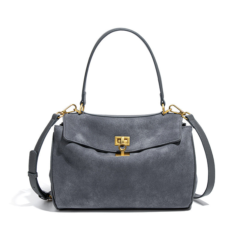 Faux Suede Satchel Shoulder Crossbody Top Handle Bag Gold Accent Grey