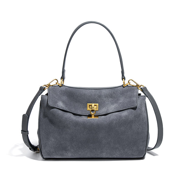 Faux Suede Satchel Shoulder Crossbody Top Handle Bag Gold Accent Grey