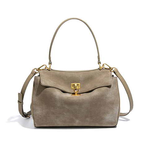 Faux Suede Satchel Shoulder Crossbody Top Handle Bag Gold Accent Beige