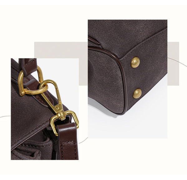 Faux Suede Satchel Shoulder Crossbody Top Handle Bag Gold Accent Beige