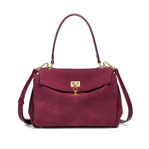 Faux Suede Satchel Shoulder Crossbody Top Handle Bag Gold Accent Wine Red