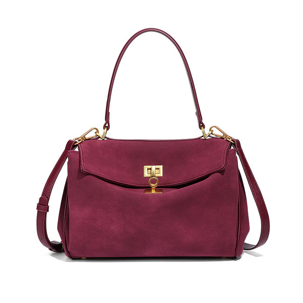 Faux Suede Satchel Shoulder Crossbody Top Handle Bag Gold Accent Wine Red