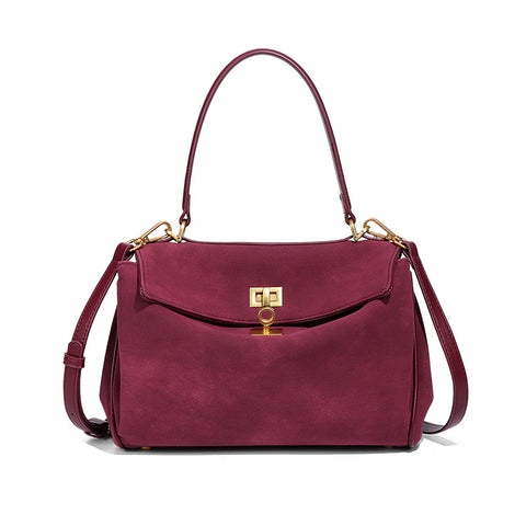 Faux Suede Satchel Shoulder Crossbody Top Handle Bag Gold Accent Wine Red