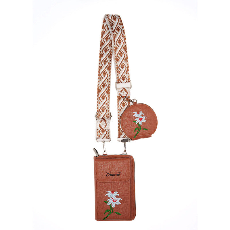Floral Embroidered Faux PU Leather Crossbody Phone Bag Coin Purse Brown