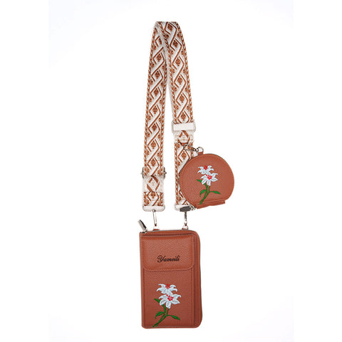 Floral Embroidered Faux PU Leather Crossbody Phone Bag Coin Purse Brown
