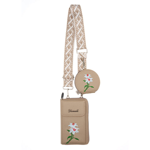 Floral Embroidered Faux PU Leather Crossbody Phone Bag Coin Purse Beige