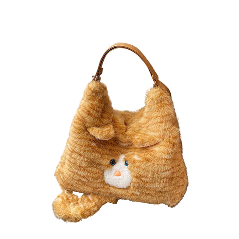Adorable Fluffy Kitten Cat Shoulder Bag Cute Plush Novelty Handbag Ginger