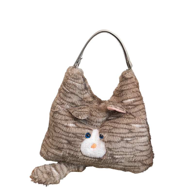 Adorable Fluffy Kitten Cat Shoulder Bag Cute Plush Novelty Handbag Grey