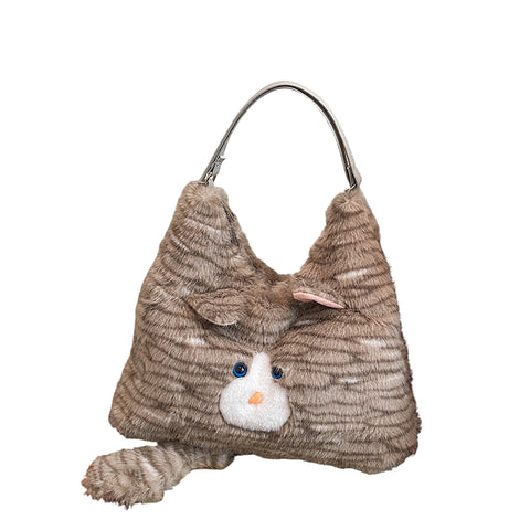 Adorable Fluffy Kitten Cat Shoulder Bag Cute Plush Novelty Handbag Grey