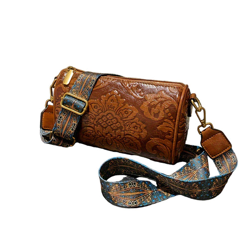 Faux PU Leather Floral Embossed Crossbody Barrel Bag Woven Strap Brown