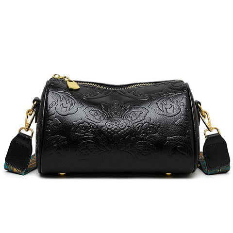 Faux PU Leather Floral Embossed Crossbody Barrel Bag Woven Strap Black