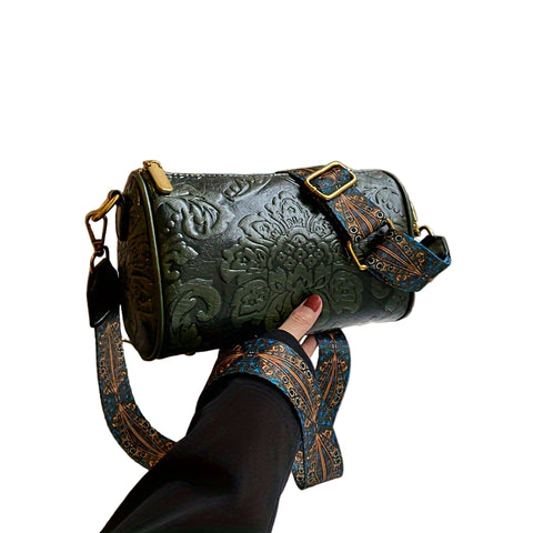 Faux PU Leather Floral Embossed Crossbody Barrel Bag Woven Strap Green