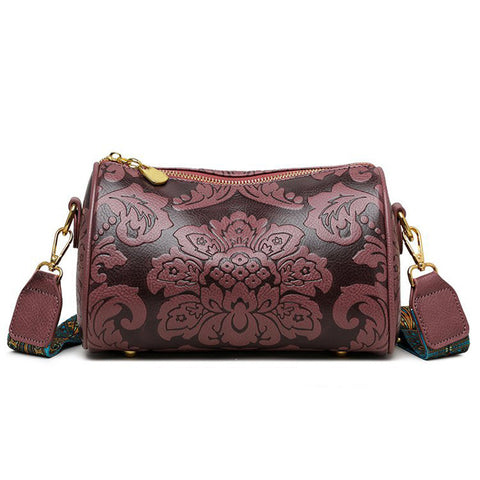 Faux PU Leather Floral Embossed Crossbody Barrel Bag Woven Strap Dark Purple