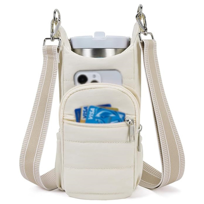 Nylon Crossbody 20 - 40oz Water Bottle Bag Hiking Cycling Outdoors White
