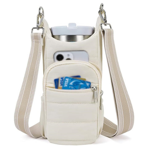 Nylon Crossbody 20 - 40oz Water Bottle Bag Hiking Cycling Outdoors White