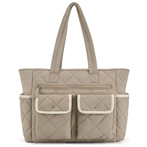 Nylon Quilted Multi Pocket Tote Bag Handbag Laptop Sleeve 20L Brown