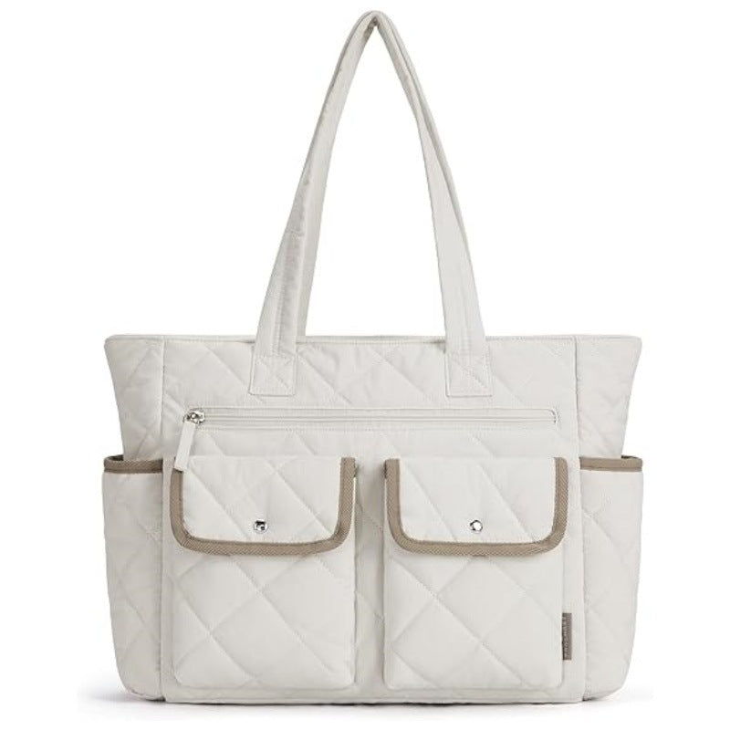 Nylon Quilted Multi Pocket Tote Bag Handbag Laptop Sleeve 20L Beige