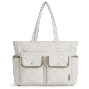 Nylon Quilted Multi Pocket Tote Bag Handbag Laptop Sleeve 20L Beige