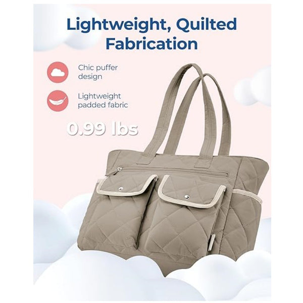 Nylon Quilted Multi Pocket Tote Bag Handbag Laptop Sleeve 20L Beige