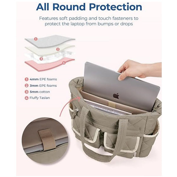Nylon Quilted Multi Pocket Tote Bag Handbag Laptop Sleeve 20L Beige
