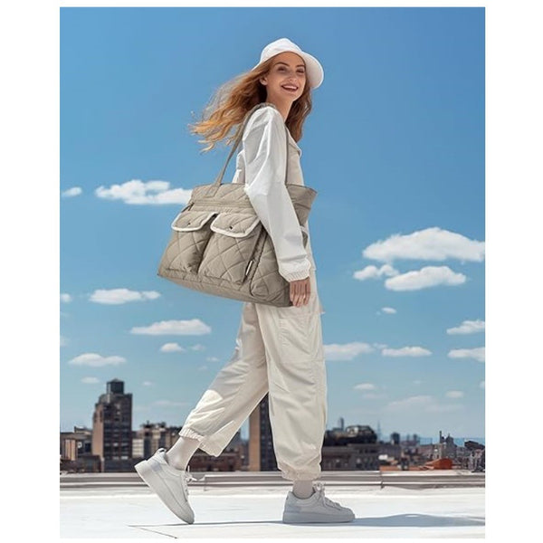 Nylon Quilted Multi Pocket Tote Bag Handbag Laptop Sleeve 20L Beige