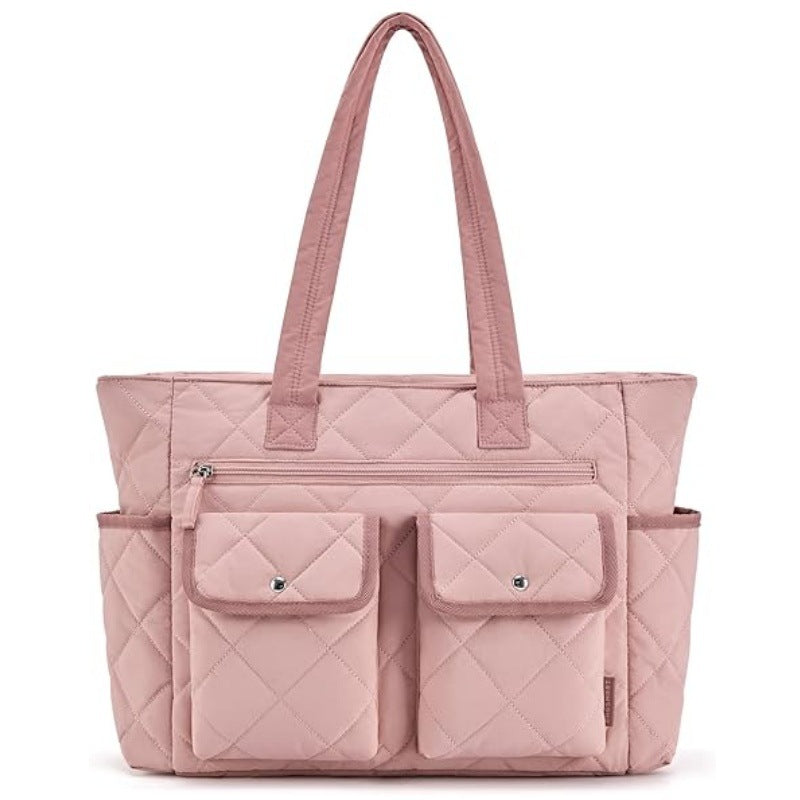 Nylon Quilted Multi Pocket Tote Bag Handbag Laptop Sleeve 20L Pink