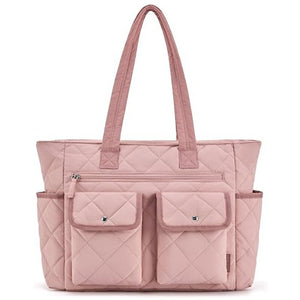 Nylon Quilted Multi Pocket Tote Bag Handbag Laptop Sleeve 20L Pink