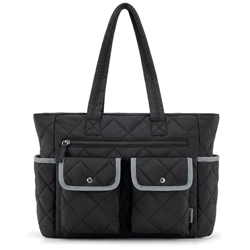 Nylon Quilted Multi Pocket Tote Bag Handbag Laptop Sleeve 20L Black
