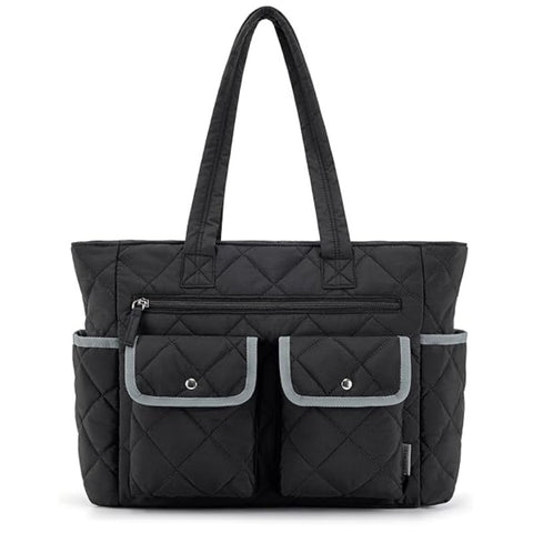 Nylon Quilted Multi Pocket Tote Bag Handbag Laptop Sleeve 20L Black