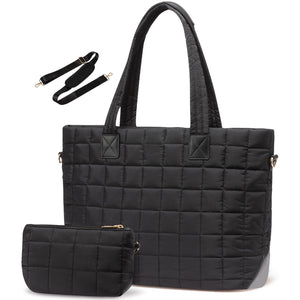 Quilted Nylon Large Capacity Tote Shoulder Bag Laptop Sleeve Black