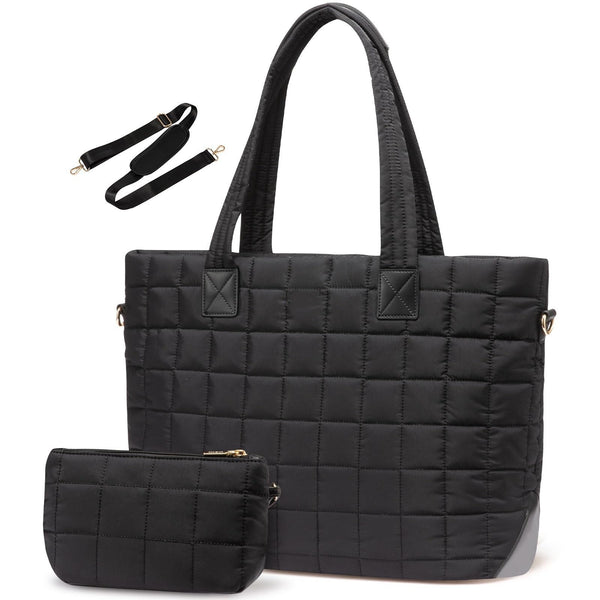 Quilted Nylon Large Capacity Tote Shoulder Bag Laptop Sleeve Black