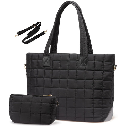 Quilted Nylon Large Capacity Tote Shoulder Bag Laptop Sleeve Black