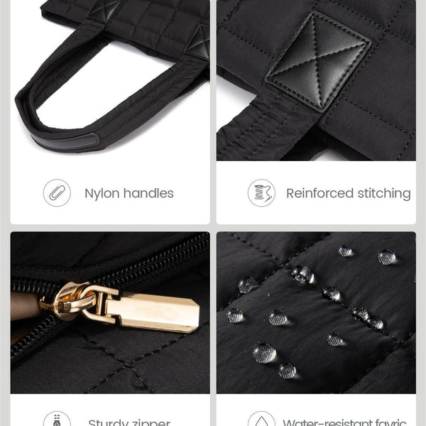 Quilted Nylon Large Capacity Tote Shoulder Bag Laptop Sleeve Black