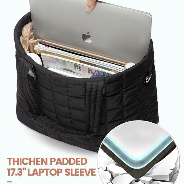 Quilted Nylon Large Capacity Tote Shoulder Bag Laptop Sleeve Black