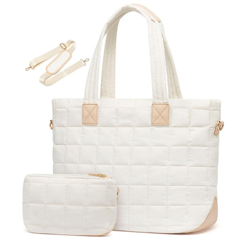 Quilted Nylon Large Capacity Tote Shoulder Bag Laptop Sleeve White